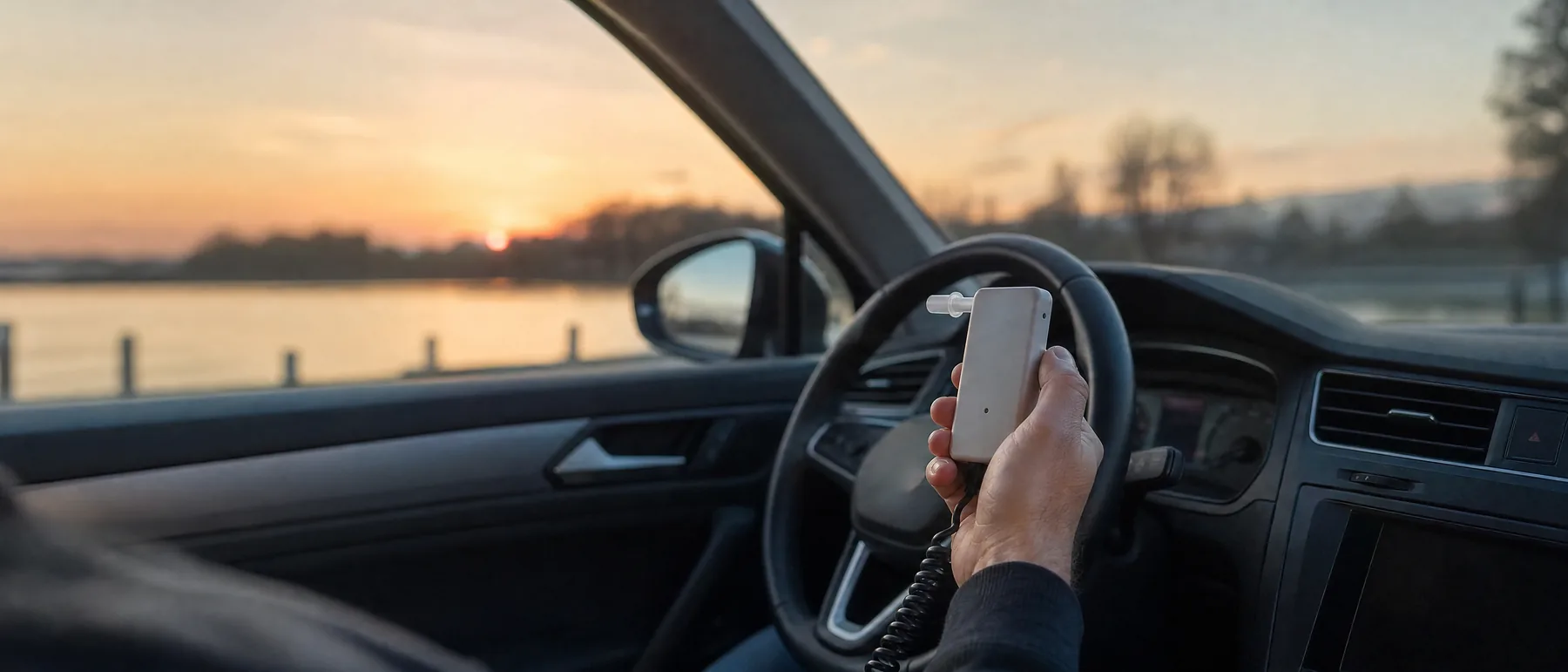 Driver holding an ignition interlock device handset before starting the car